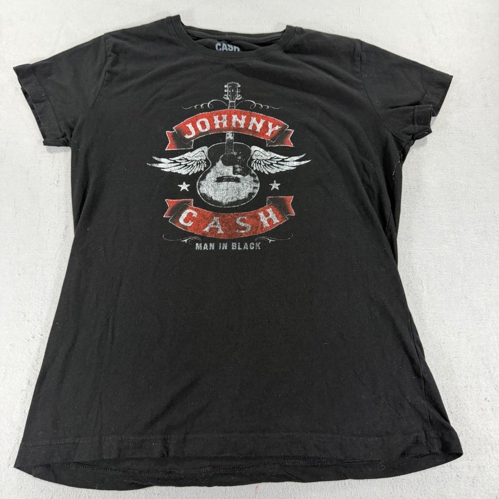 Johnny Cash Man In Black Graphic T Shirt Black Guitar Wings Womens 2X